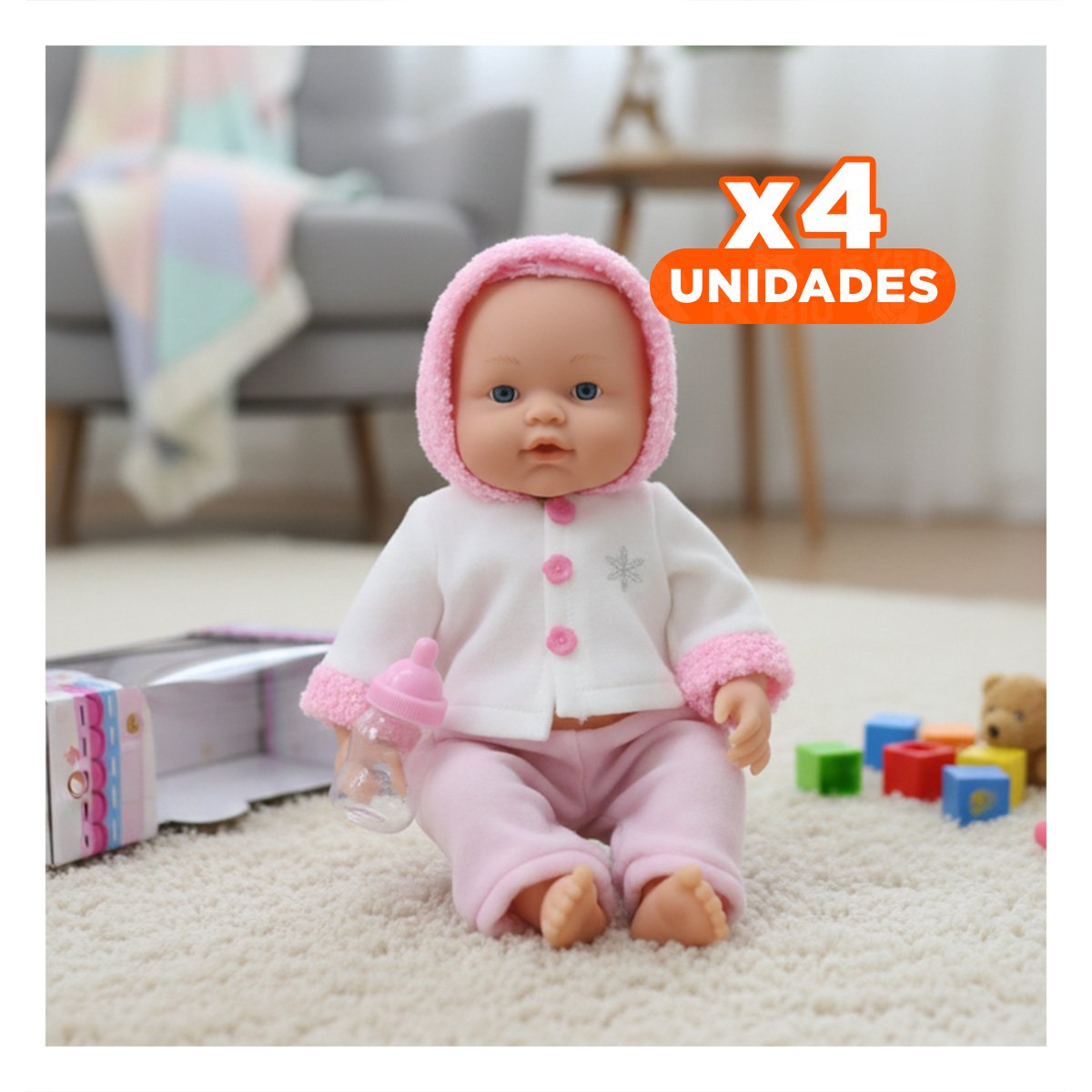 PACK4 PELUCHE SUAVE ROSADO CON CHOMPA BOTONES FLORES PARA CASA - 1