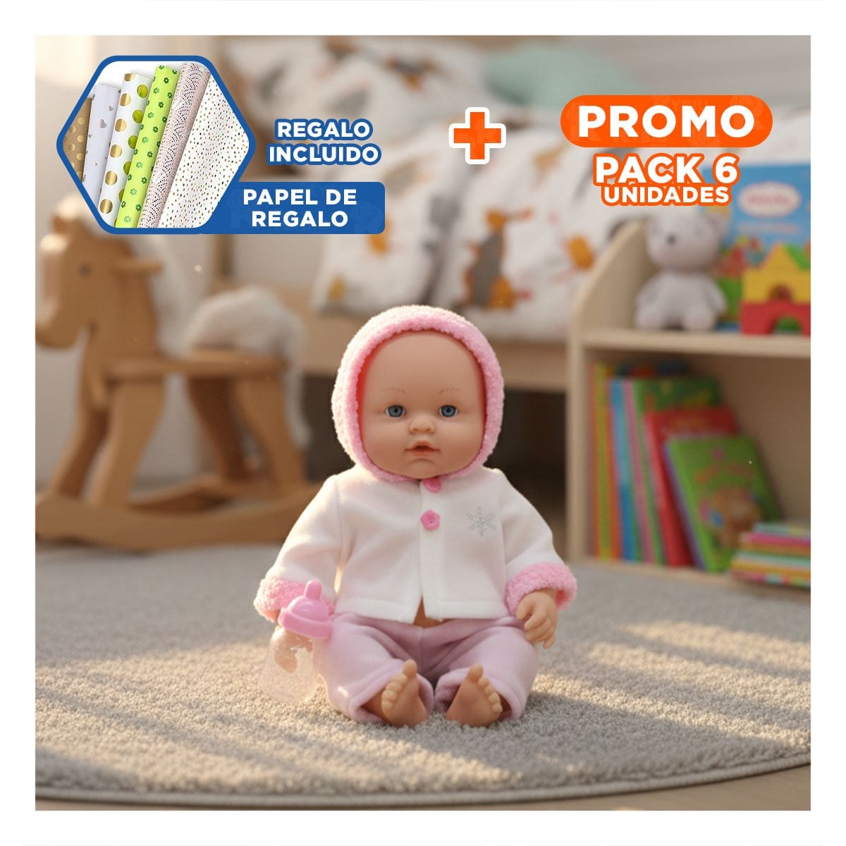 PACK6 FIGURA ROSADA CON CHOMPA BOTONES FLORES PARA CASA Y+PAPEL REGALO - 1