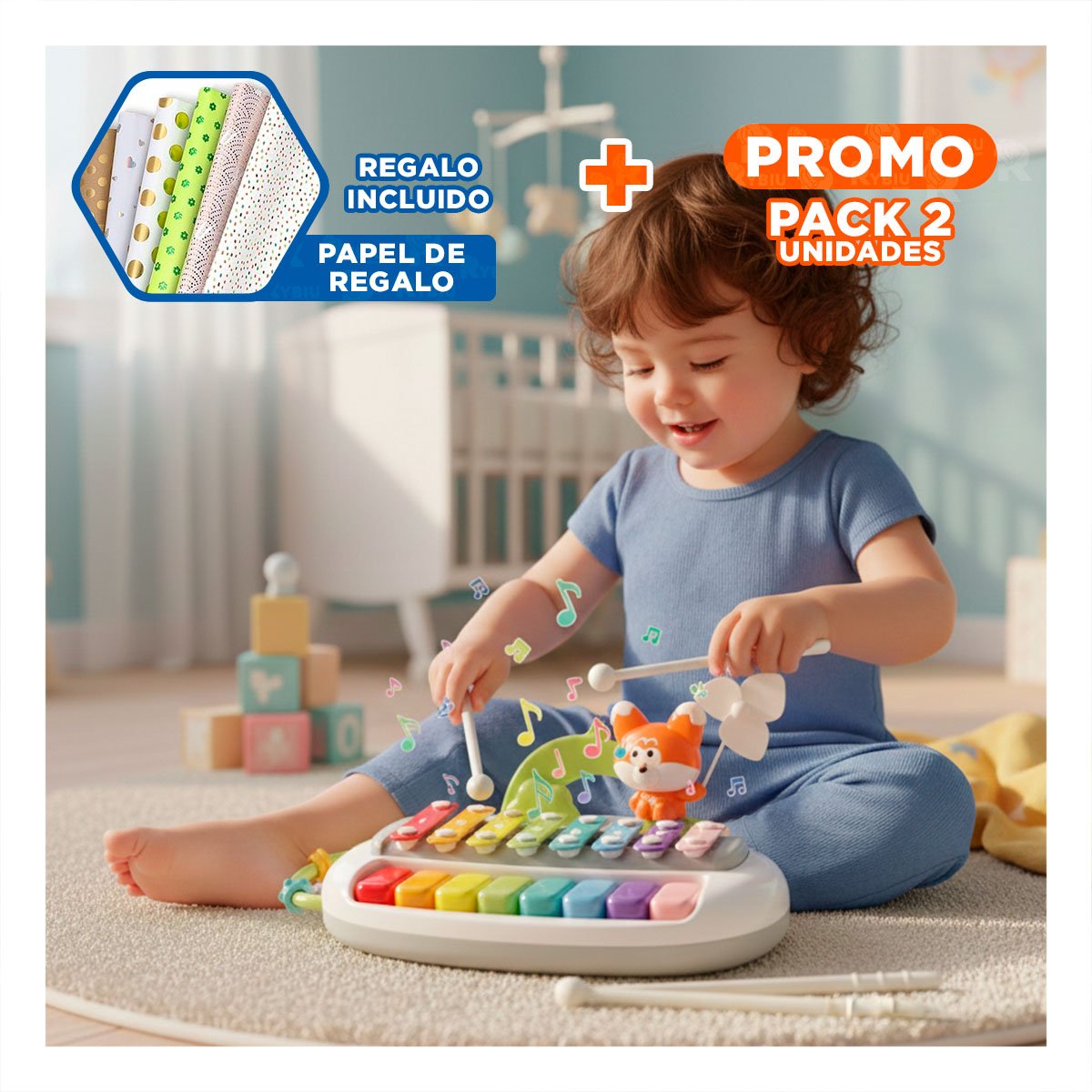 PACK2 TECLADO CREATIVO MUSICAL CON FIGURA ZORRO PARA JUEGO INFANTIL Y+PAPEL REGALO - 1