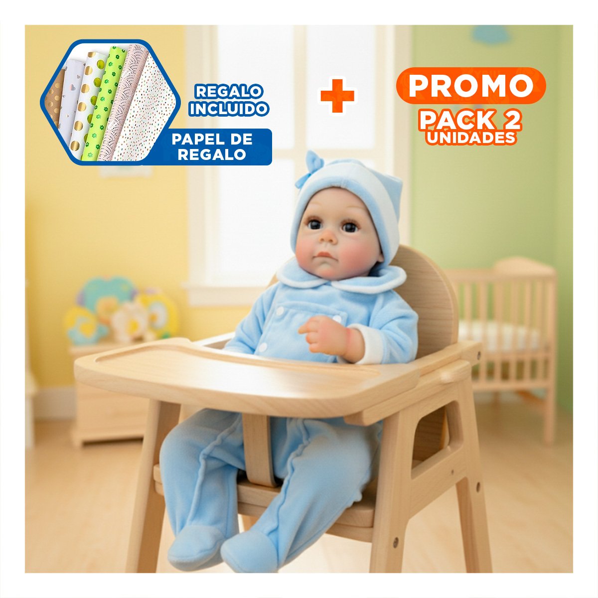 PACK2 COMPANERA SUAVE DE BEBE REALISTA CON ENTERIZO Y GORRO CELESTE PARA JUEGO Y+PAPEL REGALO - 1