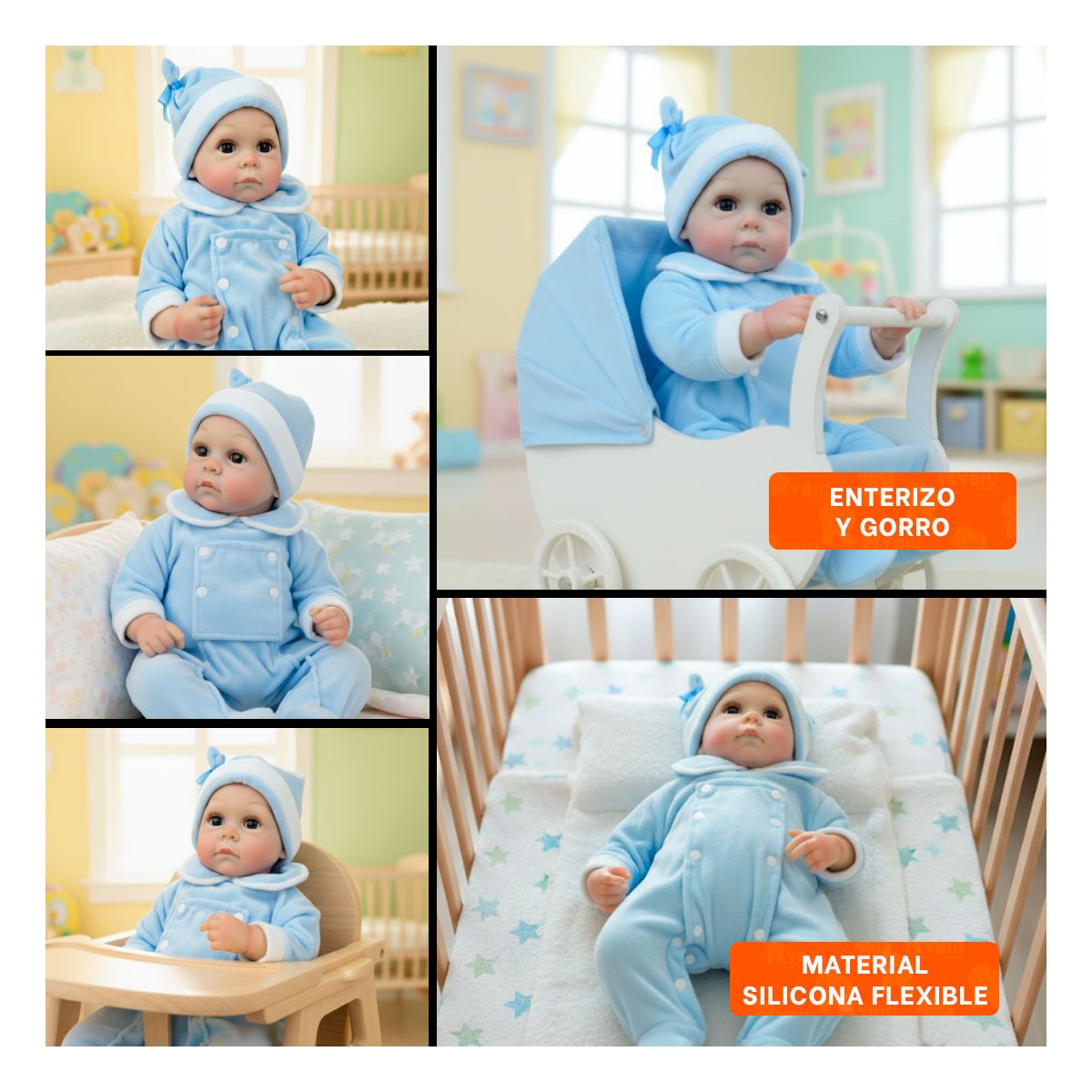 PACK2 COMPANERA SUAVE DE BEBE REALISTA CON ENTERIZO Y GORRO CELESTE PARA JUEGO Y+PAPEL REGALO - 3
