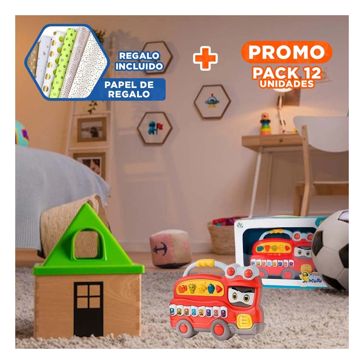 PACK12 MODULO INTERACTIVO CAMION DE BOMBEROS CON SONIDOS MUSICALES PARA CASA Y+PAPEL REGALO - 1