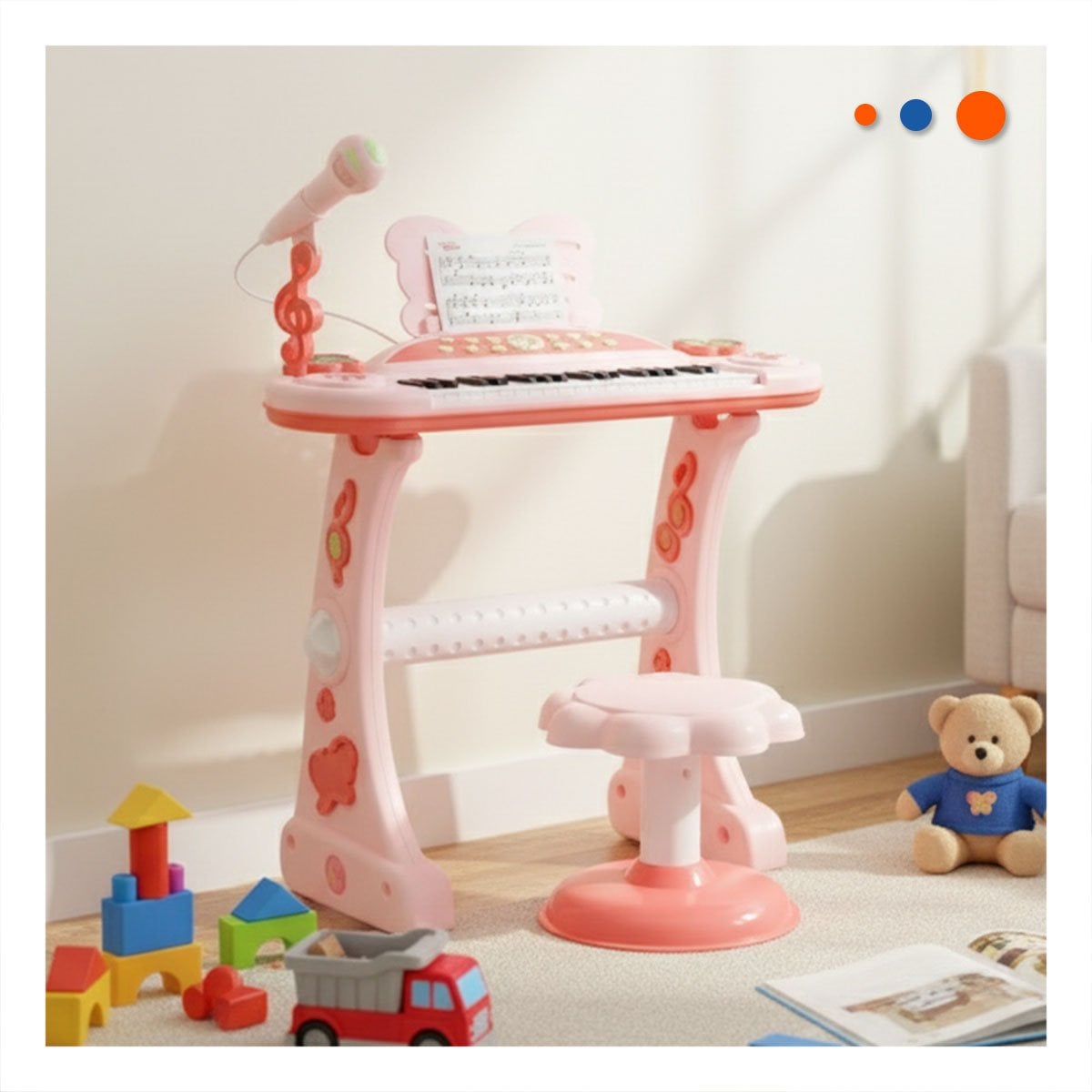 TECLADO MUSICAL PARA NINOS CON MICROFONO Y SILLA ROSADO PARA PRACTICA - 2