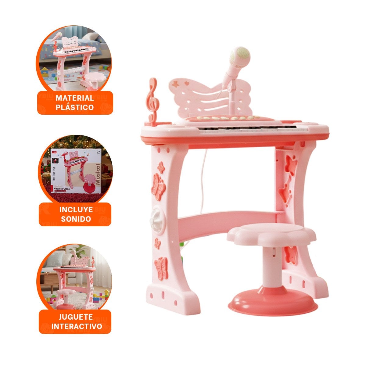 TECLADO MUSICAL PARA NINOS CON MICROFONO Y SILLA ROSADO PARA PRACTICA - 3