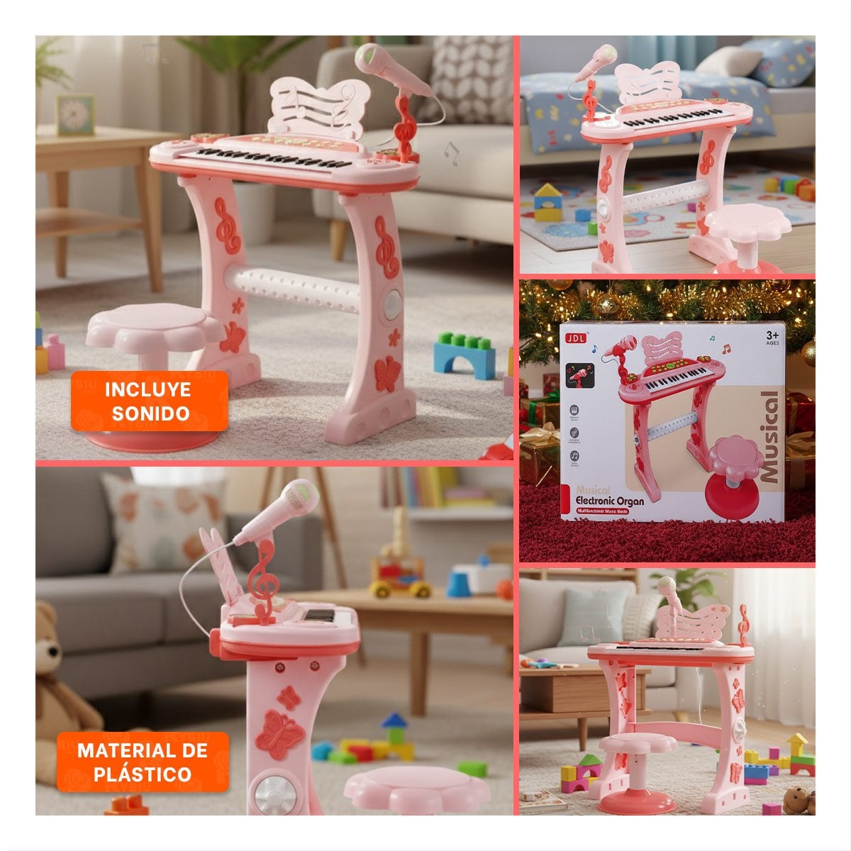 TECLADO MUSICAL PARA NINOS CON MICROFONO Y SILLA ROSADO PARA PRACTICA - 5