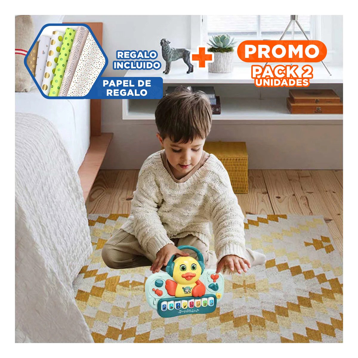 PACK2 PIANO PATO MUSICAL CON TECLAS SONORAS PARA JUEGO EN CASA VERDE Y+PAPEL REGALO - 1