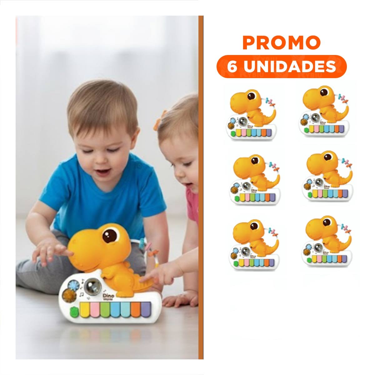 PACK6 JUGUETE MUSICAL INFANTIL DINOSAURIO 17.5 CM AMARILLO CON TECLAS - 1