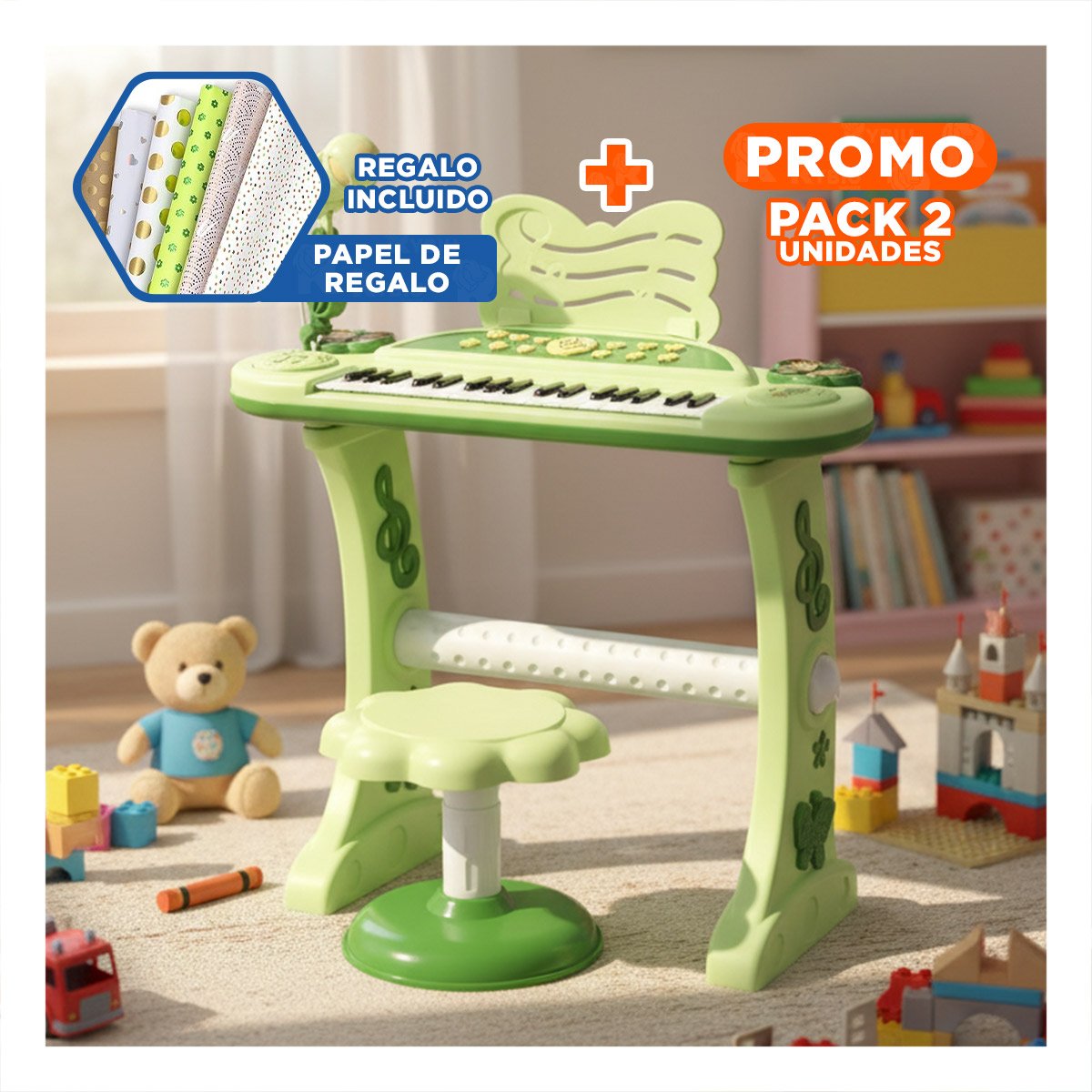 PACK2 INSTRUMENTO INFANTIL CON MICROFONO Y SILLA VERDE PARA RITMO Y MELODIA Y+PAPEL REGALO - 1