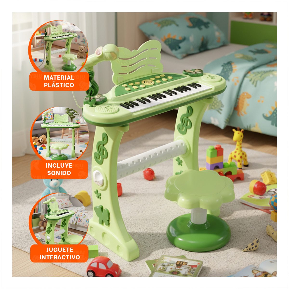 PACK2 INSTRUMENTO INFANTIL CON MICROFONO Y SILLA VERDE PARA RITMO Y MELODIA Y+PAPEL REGALO - 5