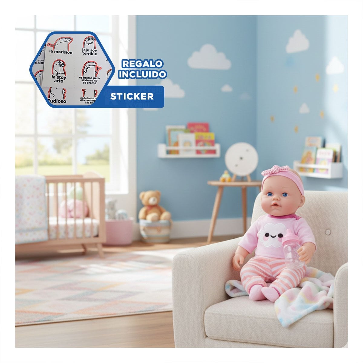 FIGURA TACTIL ROSADA CON CHOMPA NUBE Y PANTALON RAYAS PARA BEBE EN CASA Y+REGALO STICKER - 1