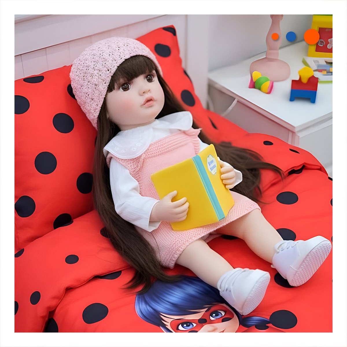 PACK2 FIGURA REAL INTELIGENTE DE COLECCION CON OVEROL Y GORRO ROSADO 55CM Y+REGALO STICKER - 3