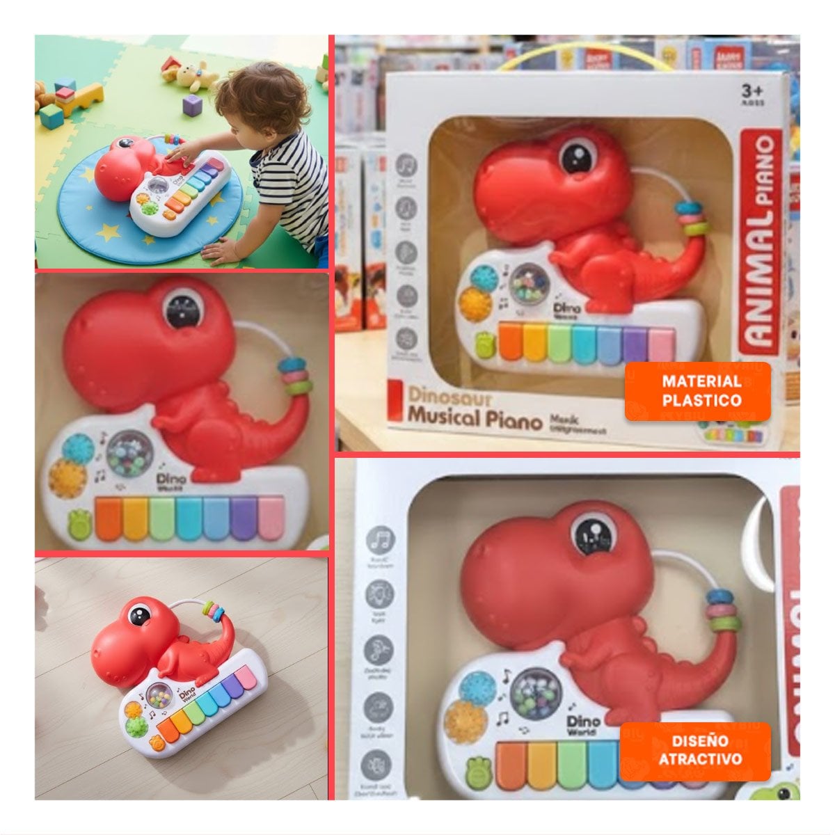 PACK6 JUGUETE DE SONIDO MUSICAL CON FORMA DINOSAURIO ROSADO 17.5 CM Y+PAPEL REGALO - 3