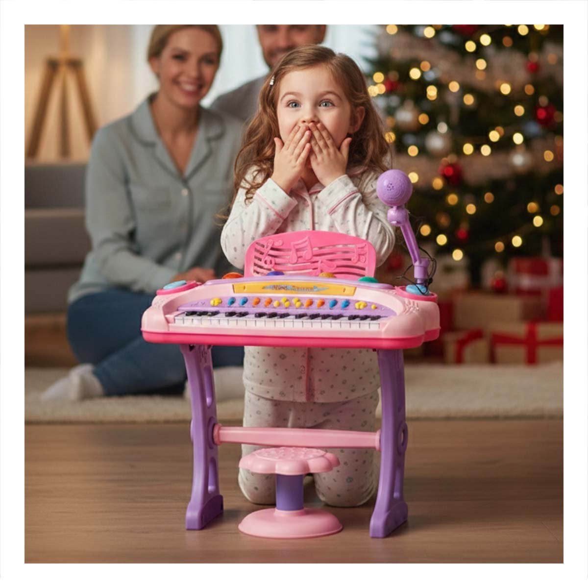 ARTICULO MUSICAL INFANTIL PIANO CON MICROFONO Y SILLA ROSADO PARA JUEGO - 1