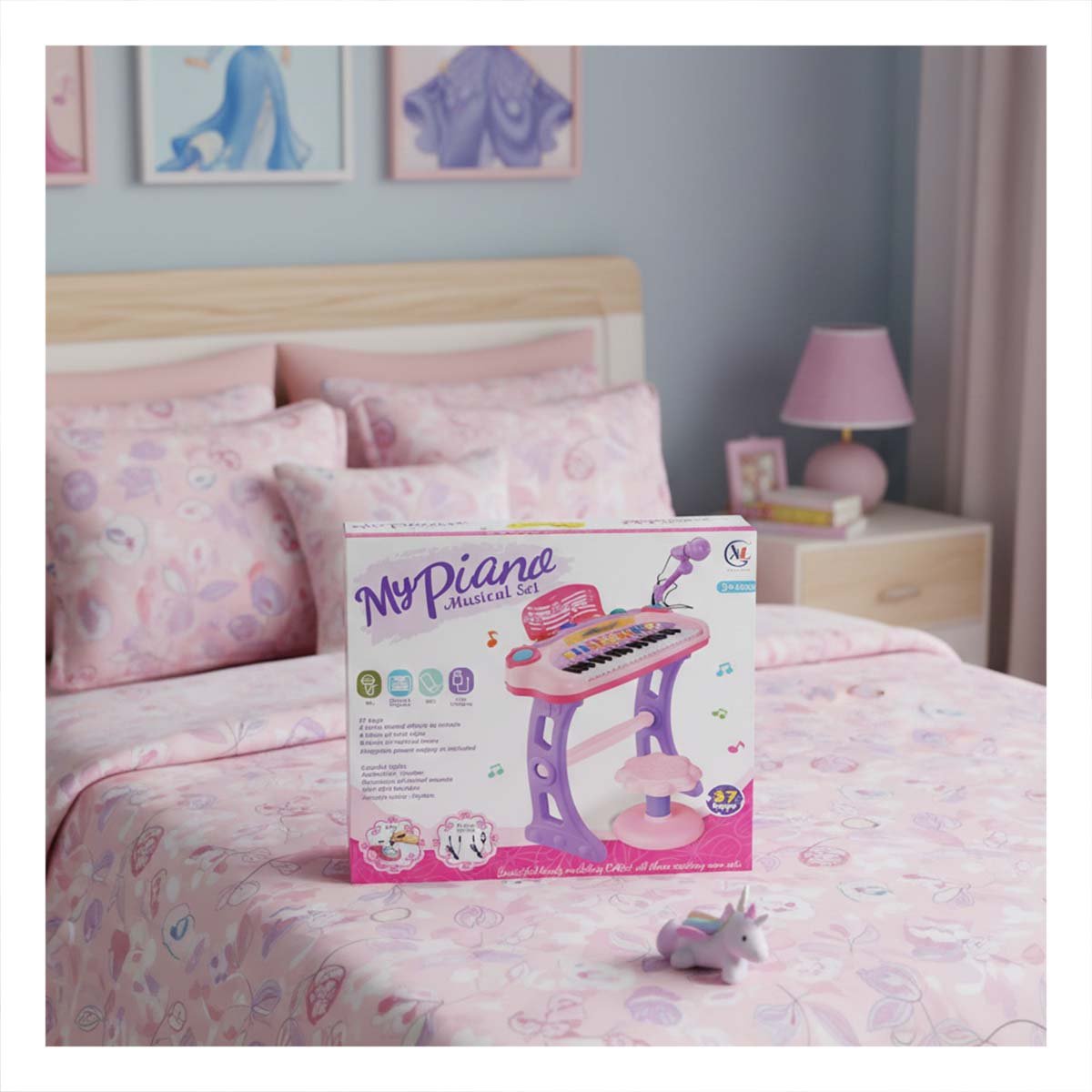 ARTICULO MUSICAL INFANTIL PIANO CON MICROFONO Y SILLA ROSADO PARA JUEGO - 2