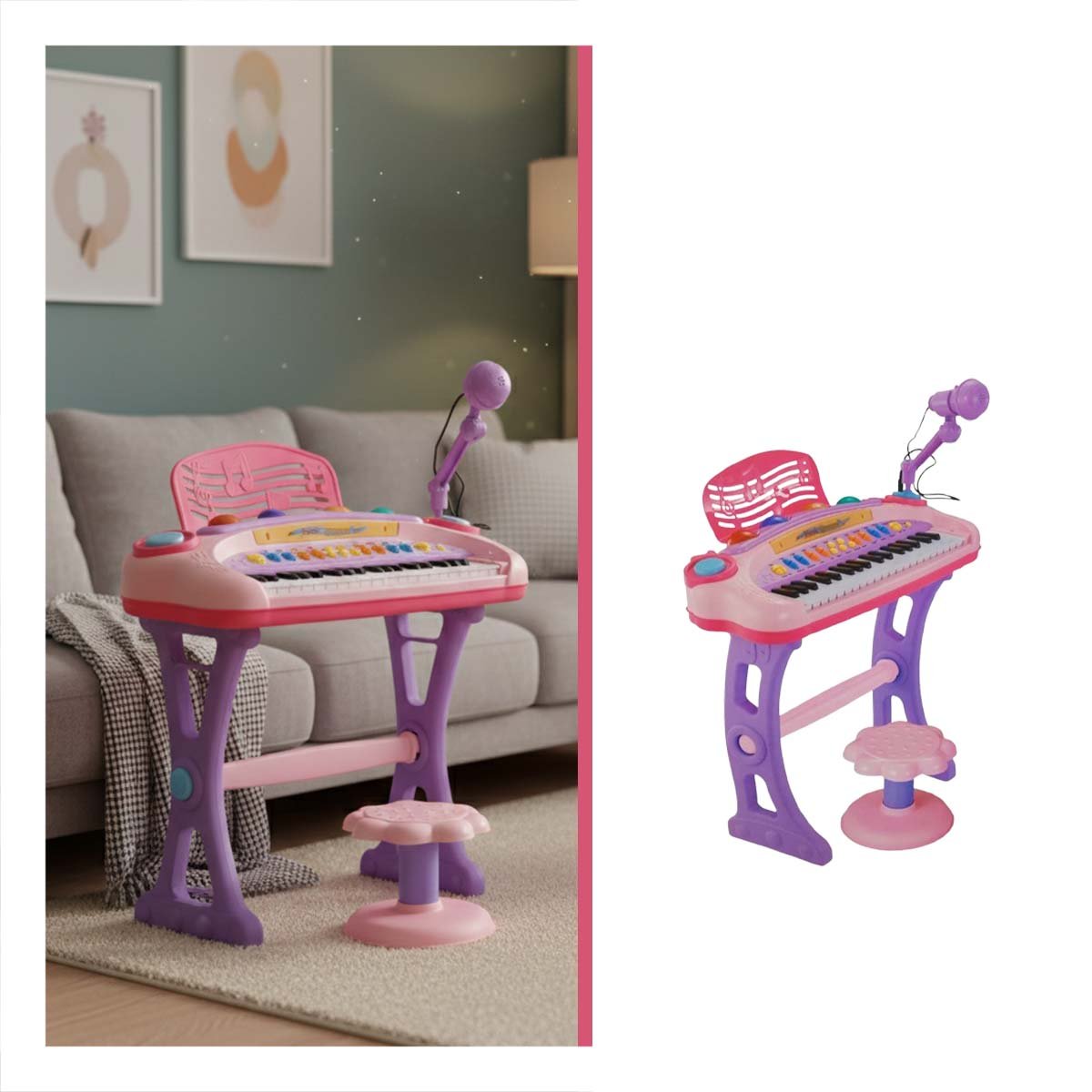 ARTICULO MUSICAL INFANTIL PIANO CON MICROFONO Y SILLA ROSADO PARA JUEGO - 3