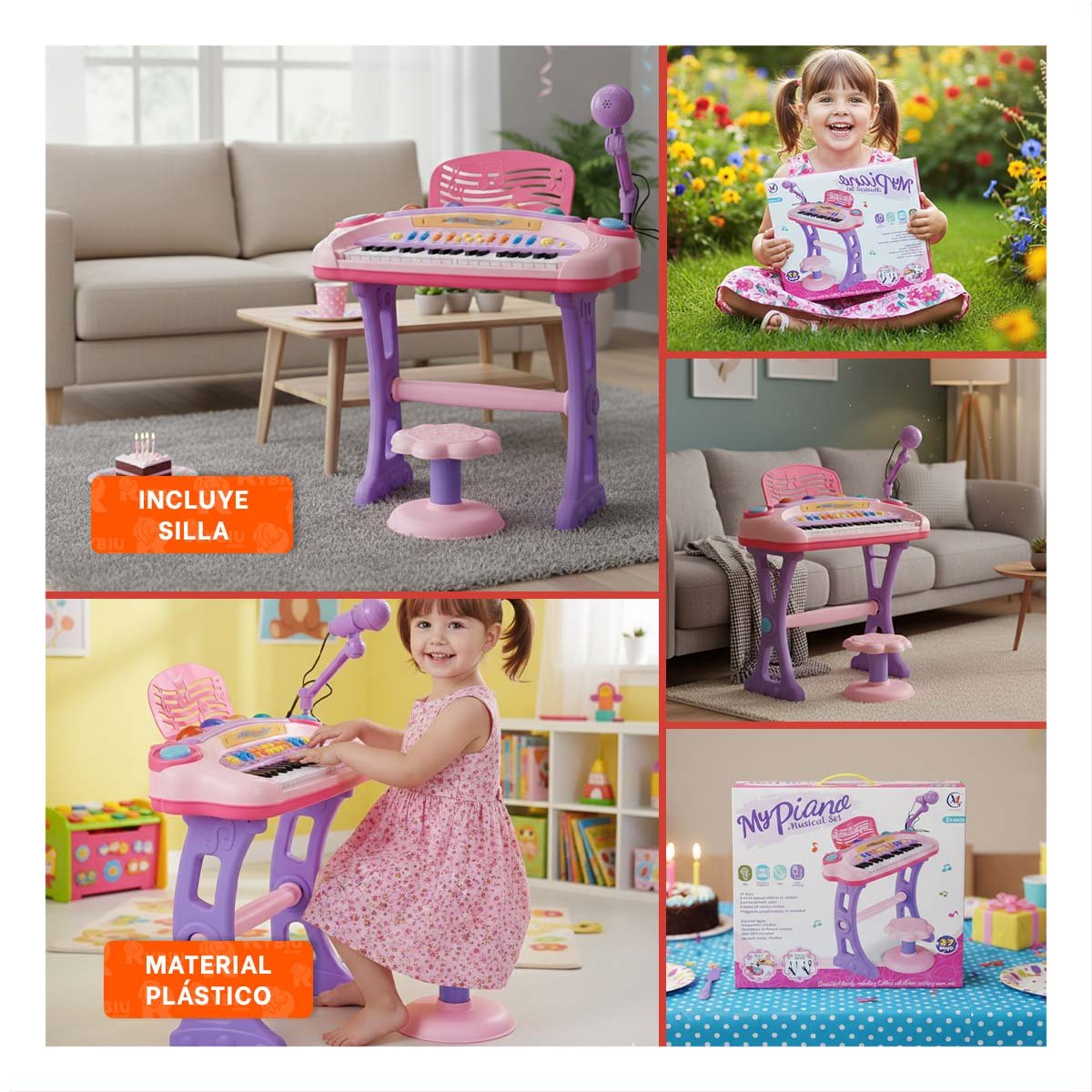 ARTICULO MUSICAL INFANTIL PIANO CON MICROFONO Y SILLA ROSADO PARA JUEGO - 5