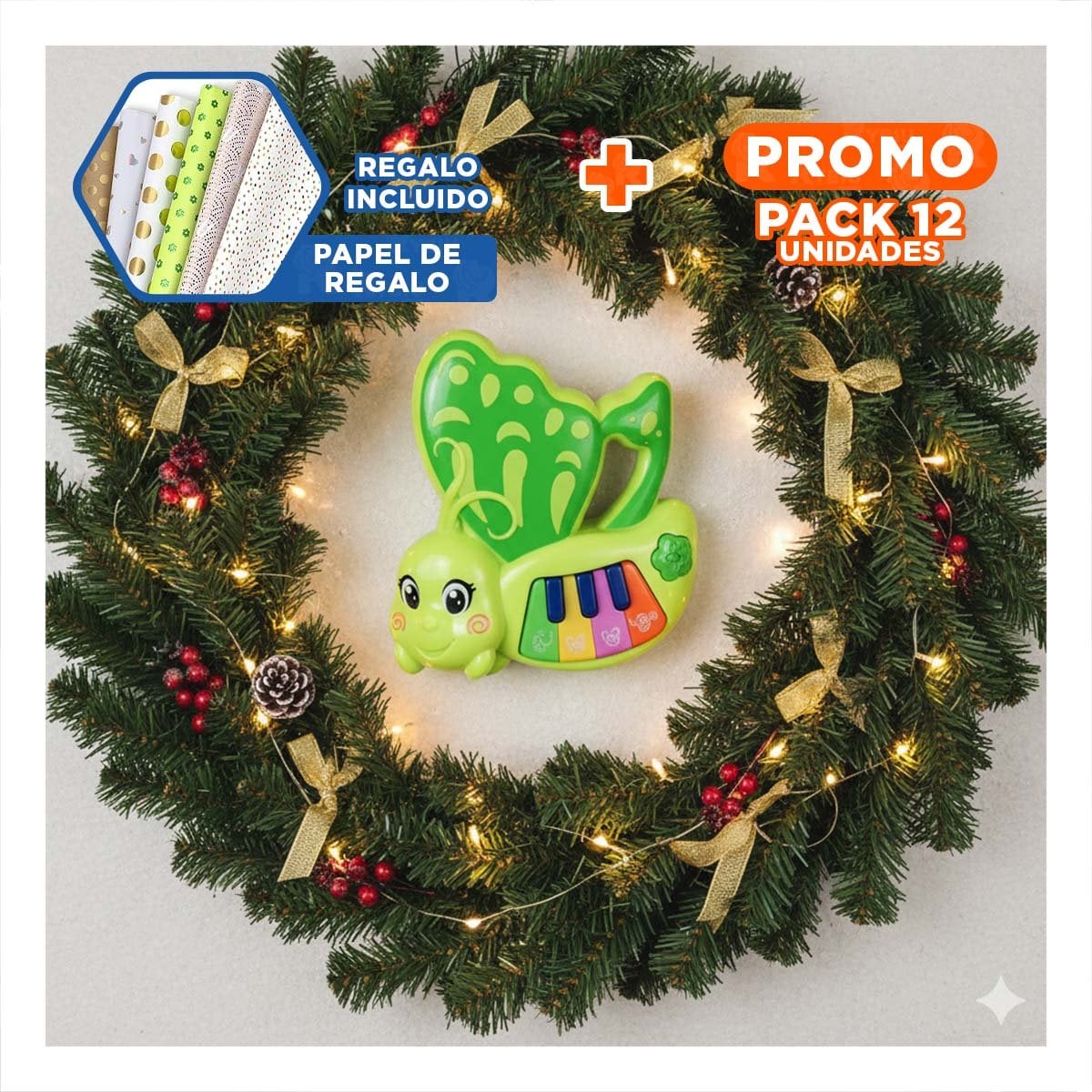 PACK12 MELODIA DE JUGUETE MARIPOSA VERDE 22X26 CM PARA NINOS Y+PAPEL REGALO - 1