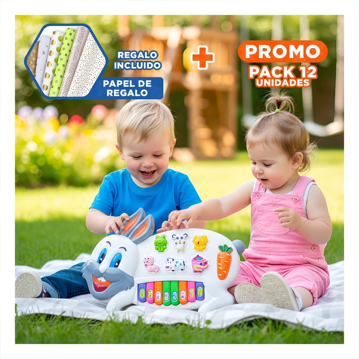 PACK12 SISTEMA MUSICAL CONEJO CON ANIMALES Y NUMEROS PARA JUEGO DIDACTICO Y+PAPEL REGALO - 1