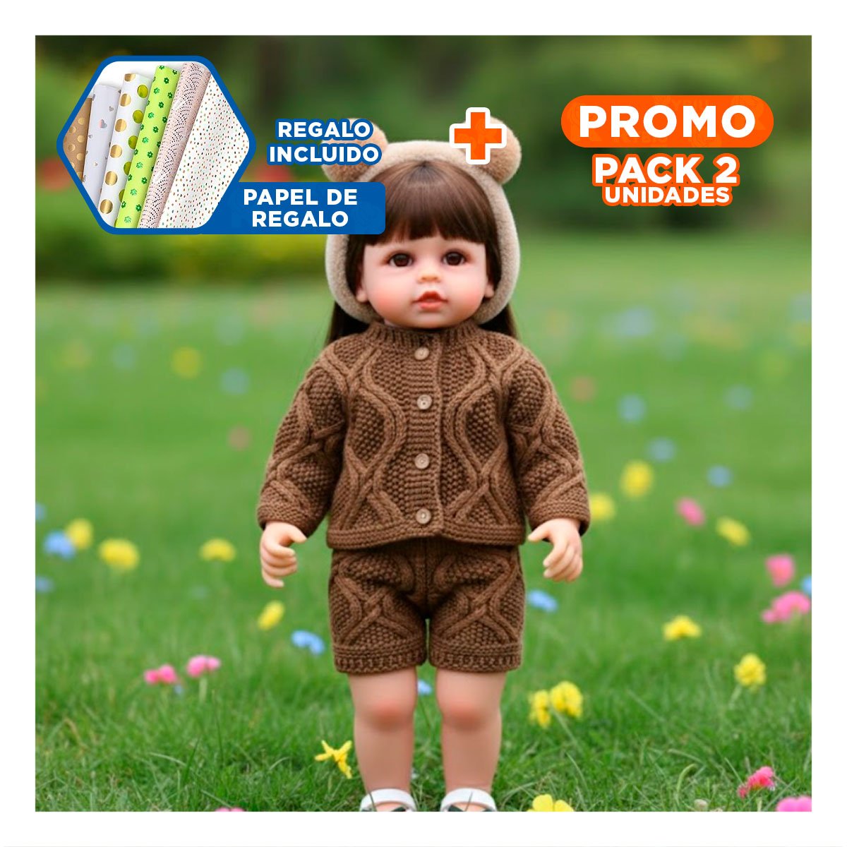PACK2 DOLL YESSY TEJIDA CON ROPA DE CHOMPA SHORT MARRON Y VINCHA 55CM Y+PAPEL REGALO - 1