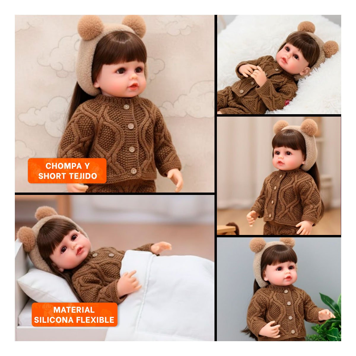 PACK2 DOLL YESSY TEJIDA CON ROPA DE CHOMPA SHORT MARRON Y VINCHA 55CM Y+PAPEL REGALO - 3