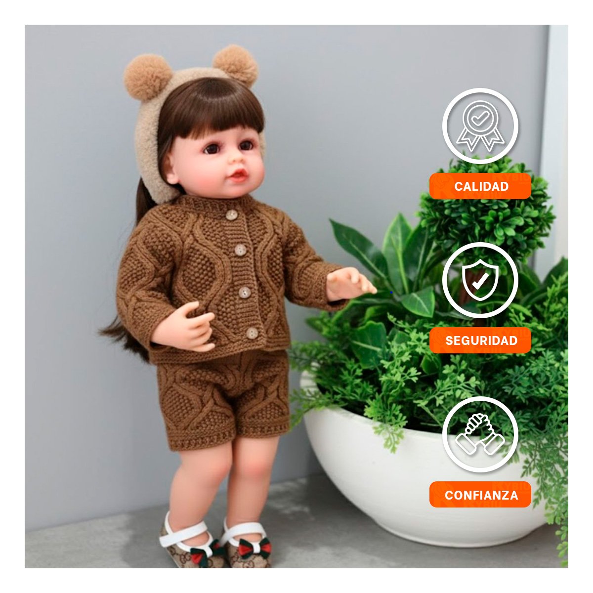 PACK2 DOLL YESSY TEJIDA CON ROPA DE CHOMPA SHORT MARRON Y VINCHA 55CM Y+PAPEL REGALO - 5