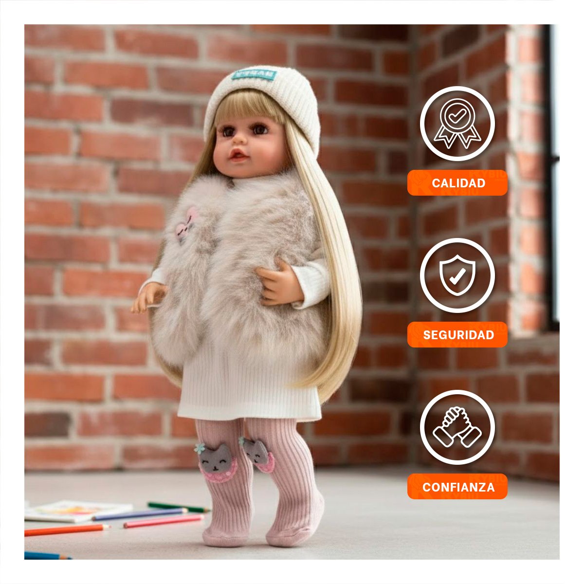 AMIGA YESSY 55CM CON CONJUNTO SUAVE CHALECO PELUCHE Y ROPA BLANCA Y+PAPEL REGALO - 3