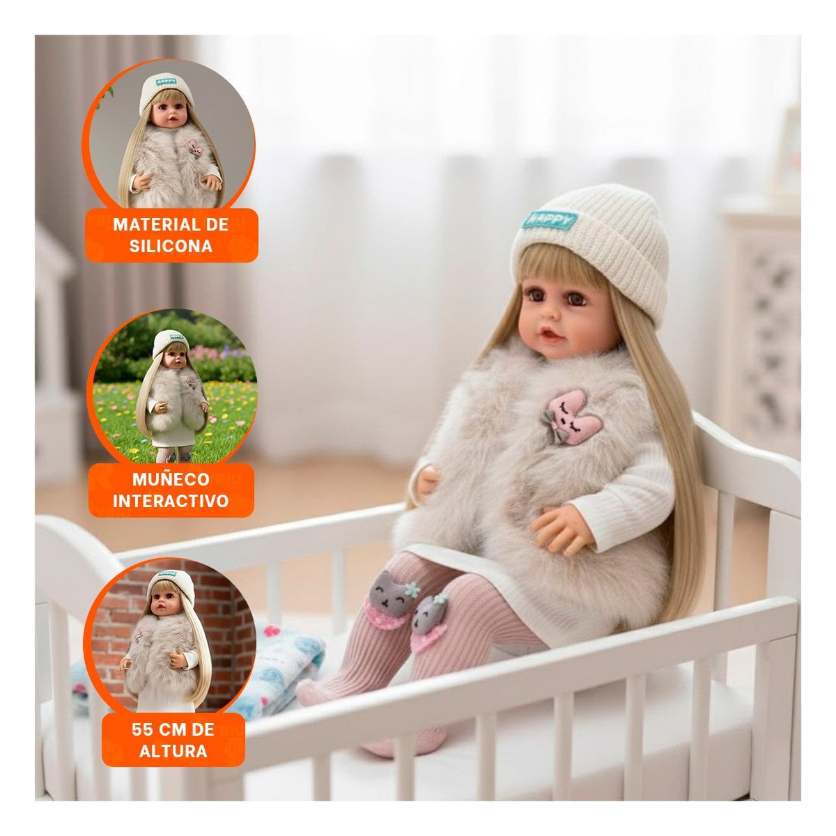 AMIGA YESSY 55CM CON CONJUNTO SUAVE CHALECO PELUCHE Y ROPA BLANCA Y+PAPEL REGALO - 5