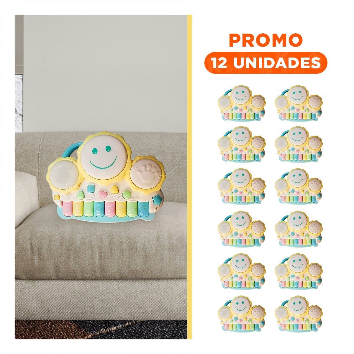 PACK12 PIANO COMPACTO MUSICAL DE SOL CON TECLAS AMARILLAS PARA CASA Y+REGALO STICKER - 1
