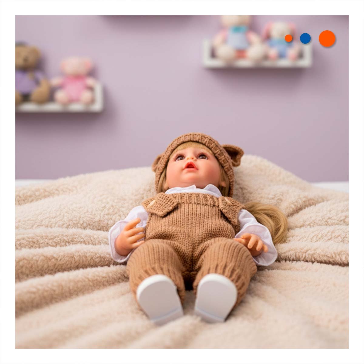 BEBE YESSY 55CM CON OVEROL Y GORRO OREJITAS TEJIDO MARRON PARA JUEGO INFANTIL EN CASA - 2