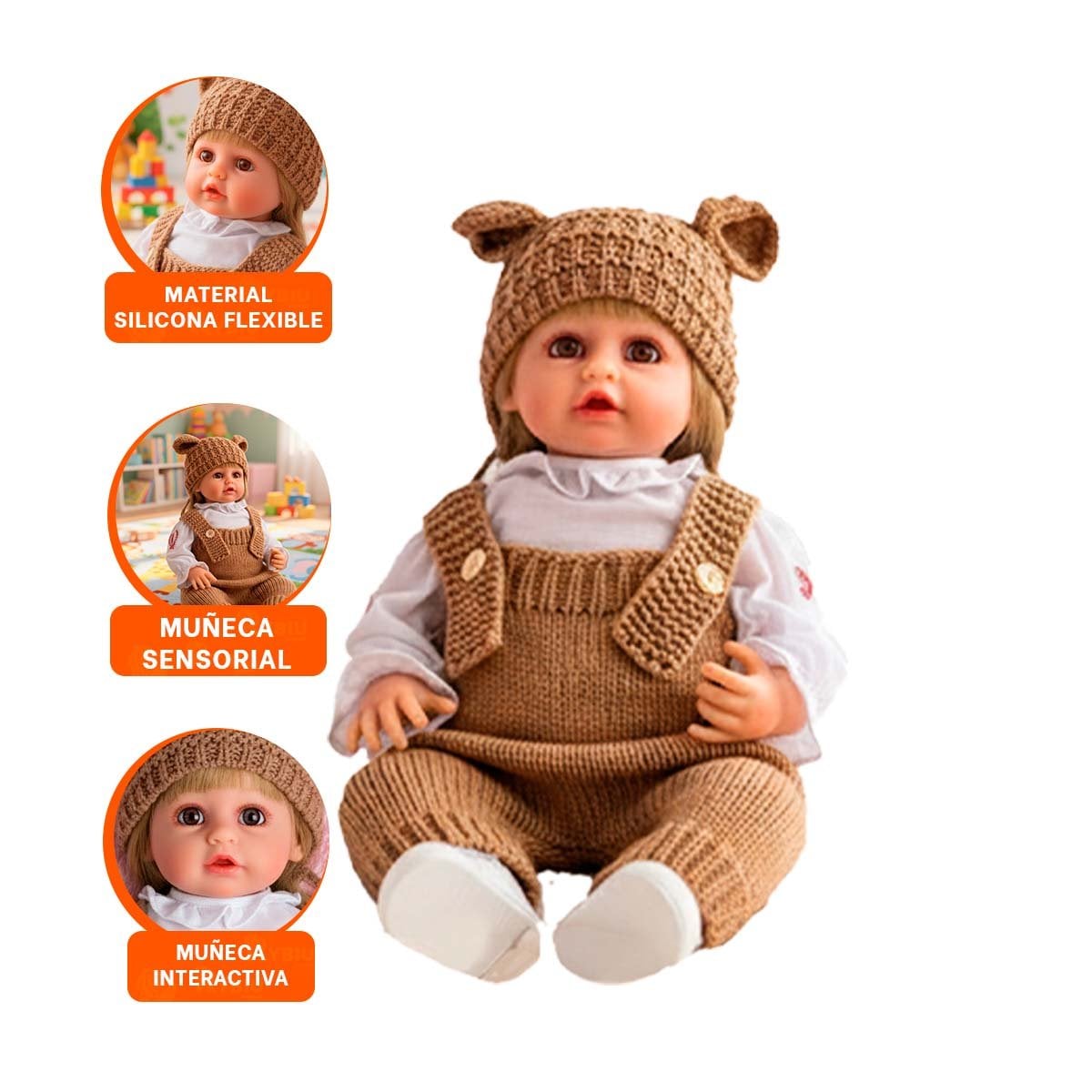 BEBE YESSY 55CM CON OVEROL Y GORRO OREJITAS TEJIDO MARRON PARA JUEGO INFANTIL EN CASA - 3