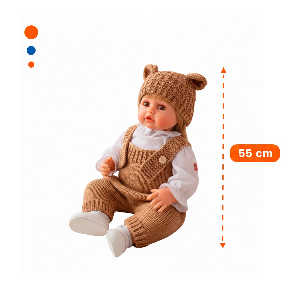 BEBE YESSY 55CM CON OVEROL Y GORRO OREJITAS TEJIDO MARRON PARA JUEGO INFANTIL EN CASA - 4