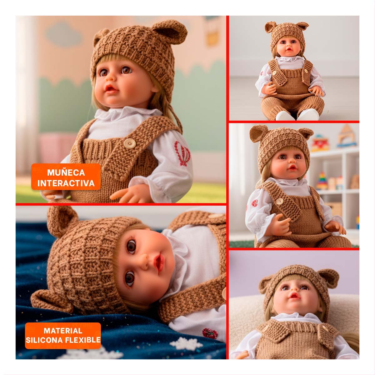 BEBE YESSY 55CM CON OVEROL Y GORRO OREJITAS TEJIDO MARRON PARA JUEGO INFANTIL EN CASA - 5