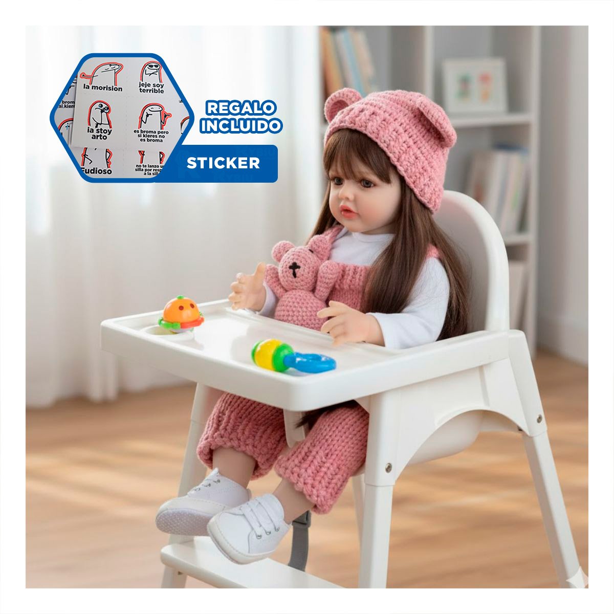 BEBE INFANTIL ARTICULADO CON OVEROL TEJIDO Y GORRO OREJITAS EN 55CM ROSADO Y+REGALO STICKER - 1