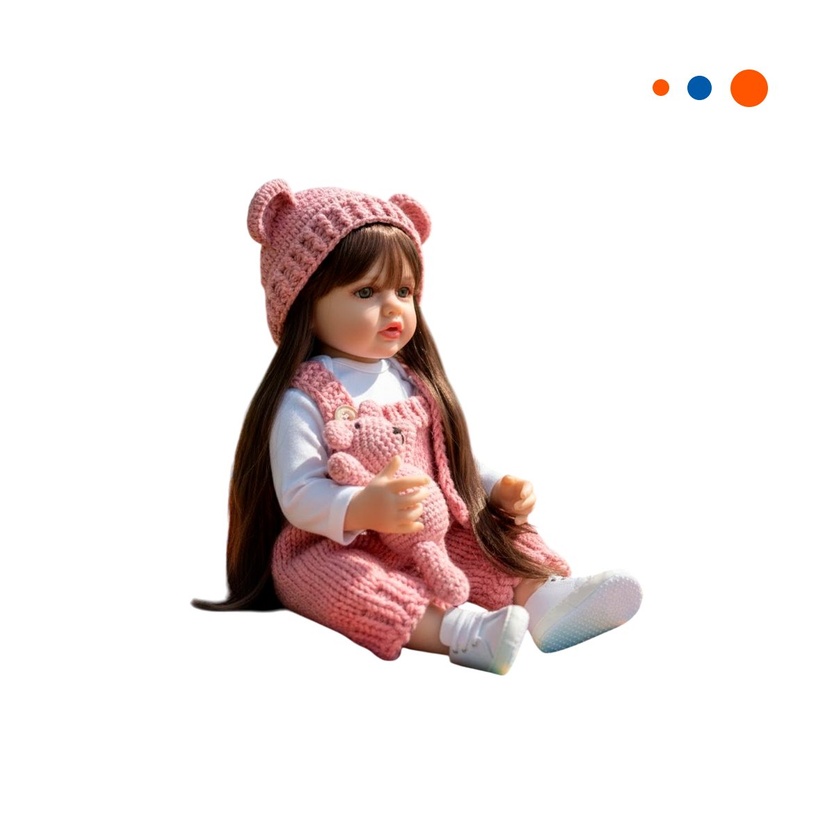 BEBE INFANTIL ARTICULADO CON OVEROL TEJIDO Y GORRO OREJITAS EN 55CM ROSADO Y+REGALO STICKER - 3