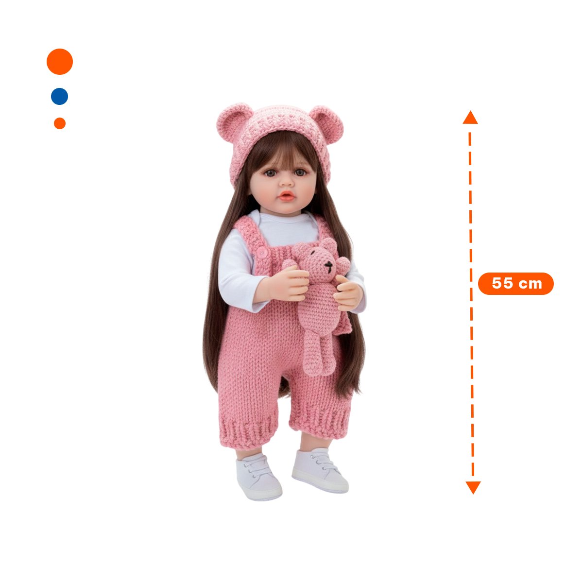 BEBE INFANTIL ARTICULADO CON OVEROL TEJIDO Y GORRO OREJITAS EN 55CM ROSADO Y+REGALO STICKER - 4