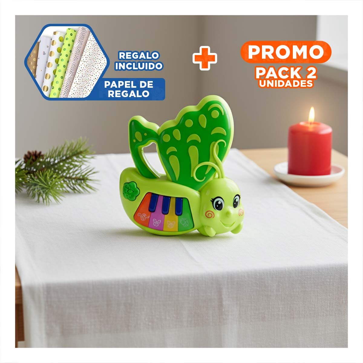 PACK2 JUGUETE MUSICAL EDUCATIVO MARIPOSA VERDE 22X26 CM Y+PAPEL REGALO - 1
