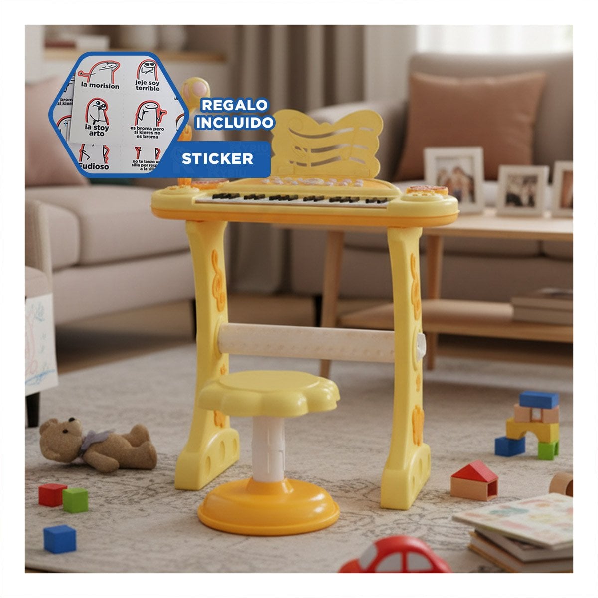 INSTRUMENTO MUSICAL INFANTIL CON MICROFONO Y SILLA AMARILLA PARA JUEGO SONORO Y+REGALO STICKER - 1