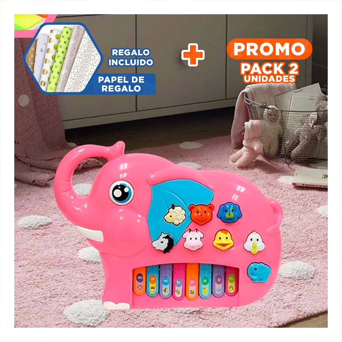 PACK2 MODERNO ELEFANTE DIDACTICO EN CAJA ROSADO PARA APRENDIZAJE MUSICAL CASA Y+PAPEL REGALO - 1