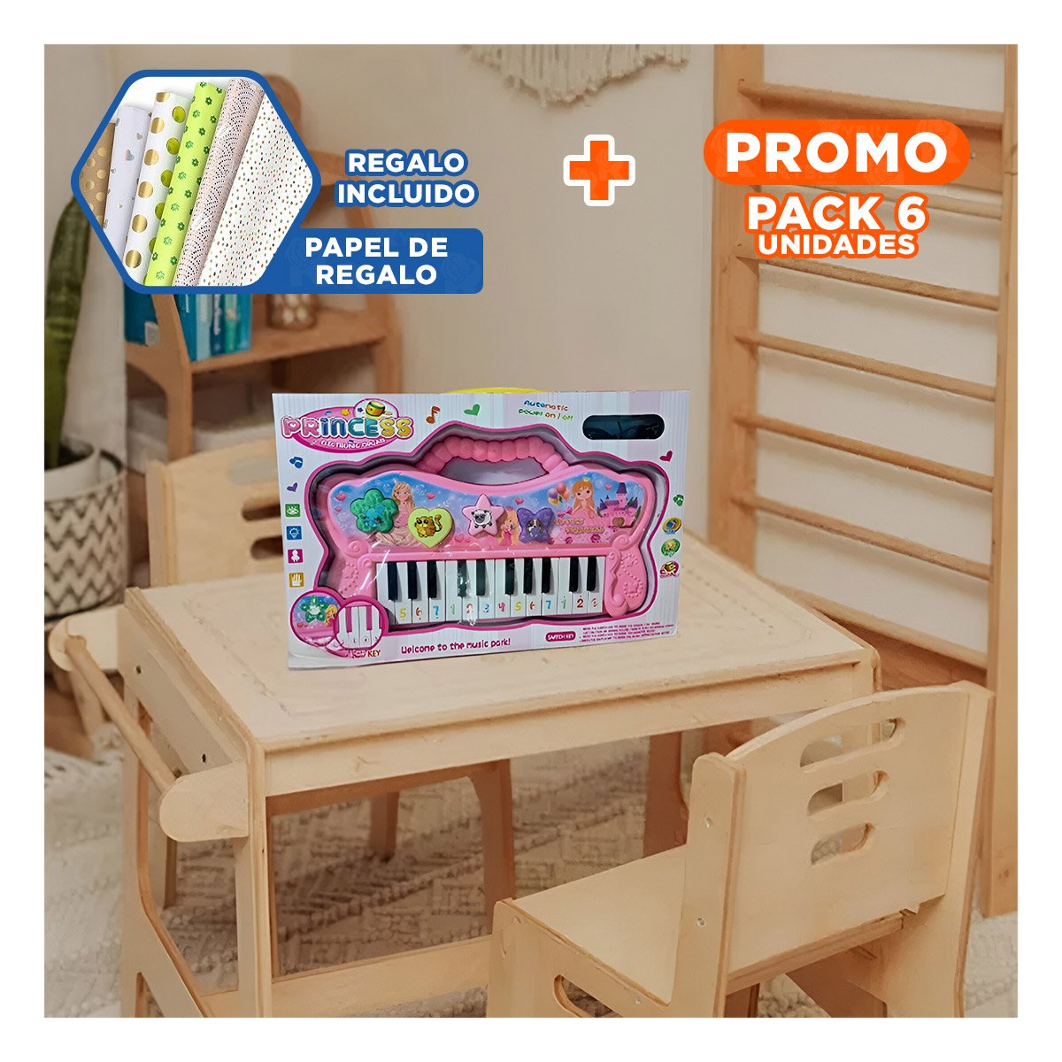 PACK6 INSTRUMENTO ROSADO MUSICAL CON SONIDOS PARA DIVERSION Y+PAPEL REGALO - 1