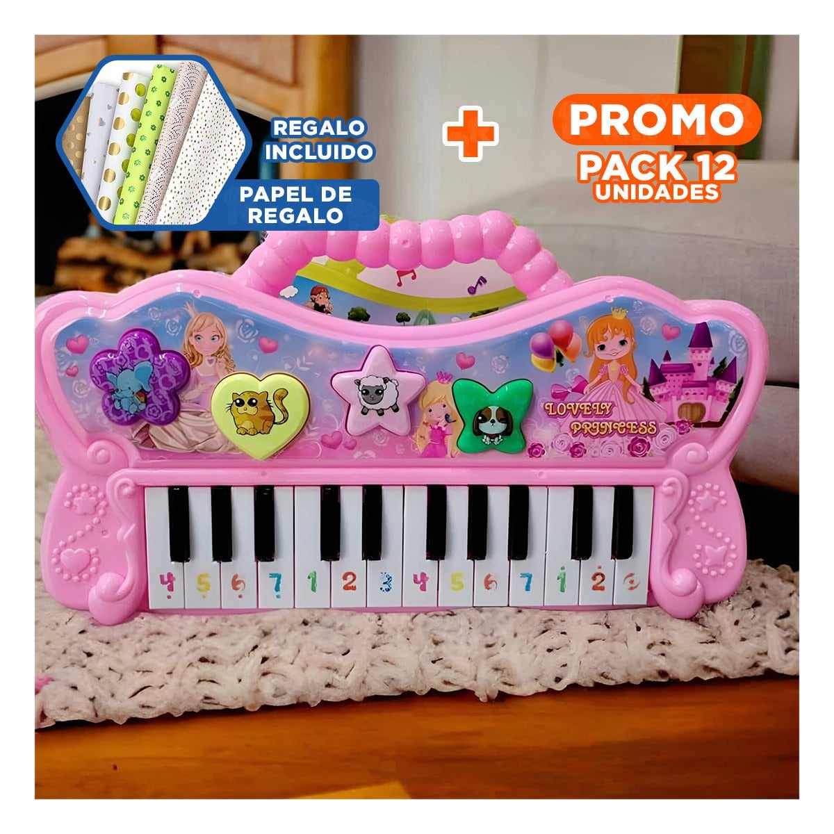 PACK12 ORGANO MUSICAL ROSADO CON SONIDOS PARA ACTIVIDAD INFANTIL Y+PAPEL REGALO - 1