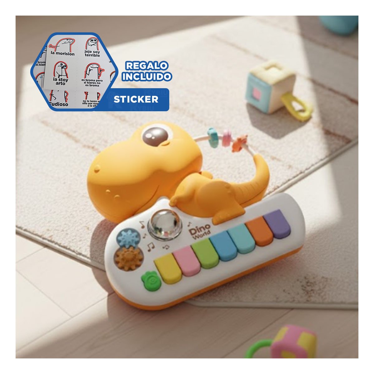 INSTRUMENTO DE JUGUETE MUSICAL CON FORMA DINOSAURIO AMARILLO 17.5 CM Y+REGALO STICKER - 1