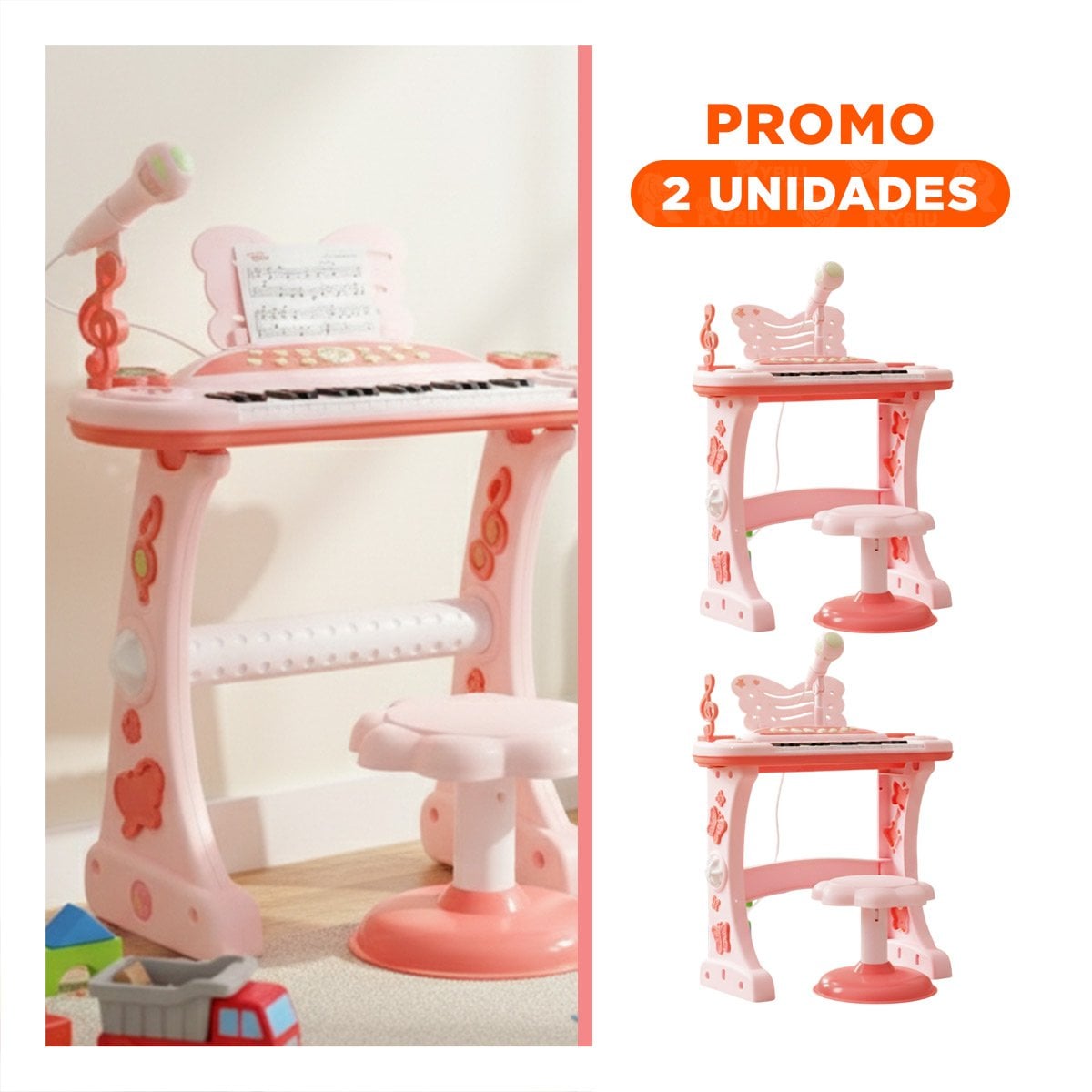 PACK2 INSTRUMENTO MUSICAL PARA NINOS CON MICROFONO Y SILLA ROSADO PARA CANTAR - 1