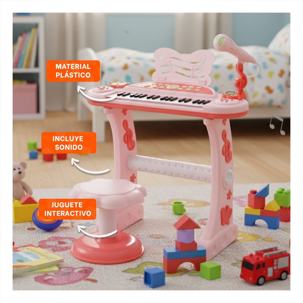 PACK2 INSTRUMENTO MUSICAL PARA NINOS CON MICROFONO Y SILLA ROSADO PARA CANTAR - 5
