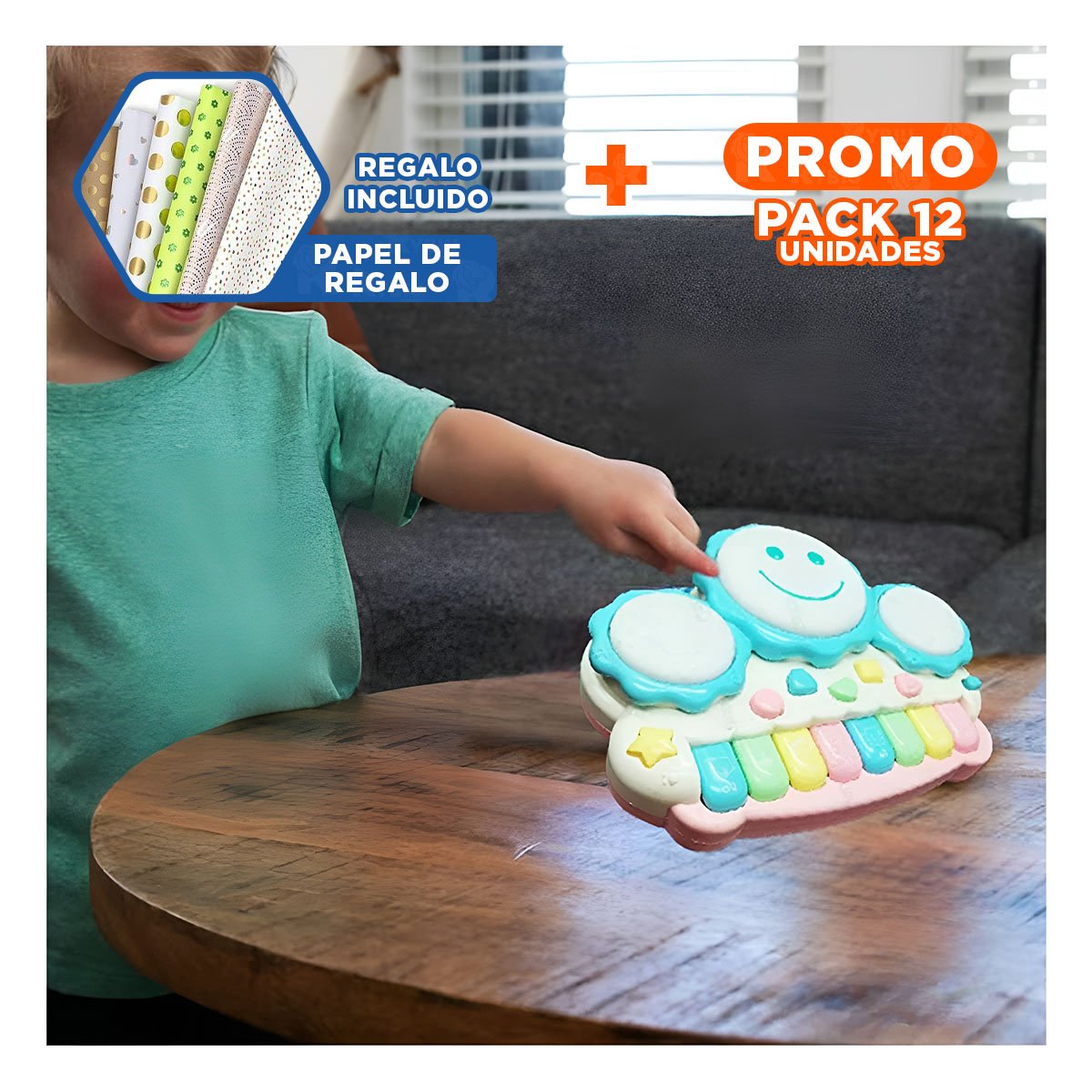 PACK12 INSTRUMENTO MUSICAL DIDACTICO DE SOL CON TECLAS SONORAS AZUL CLARO Y+PAPEL REGALO - 1