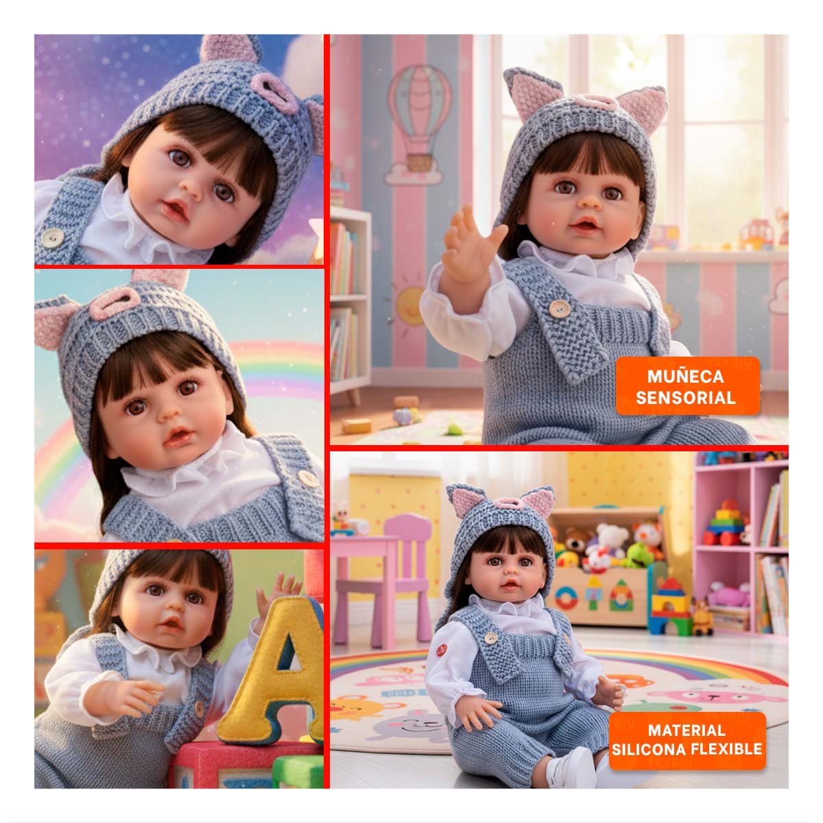 TIERNA YESSY INFANTIL 55CM CELESTE CON OVEROL TEJIDO Y GORRO ADORABLE Y+POST IT - 1