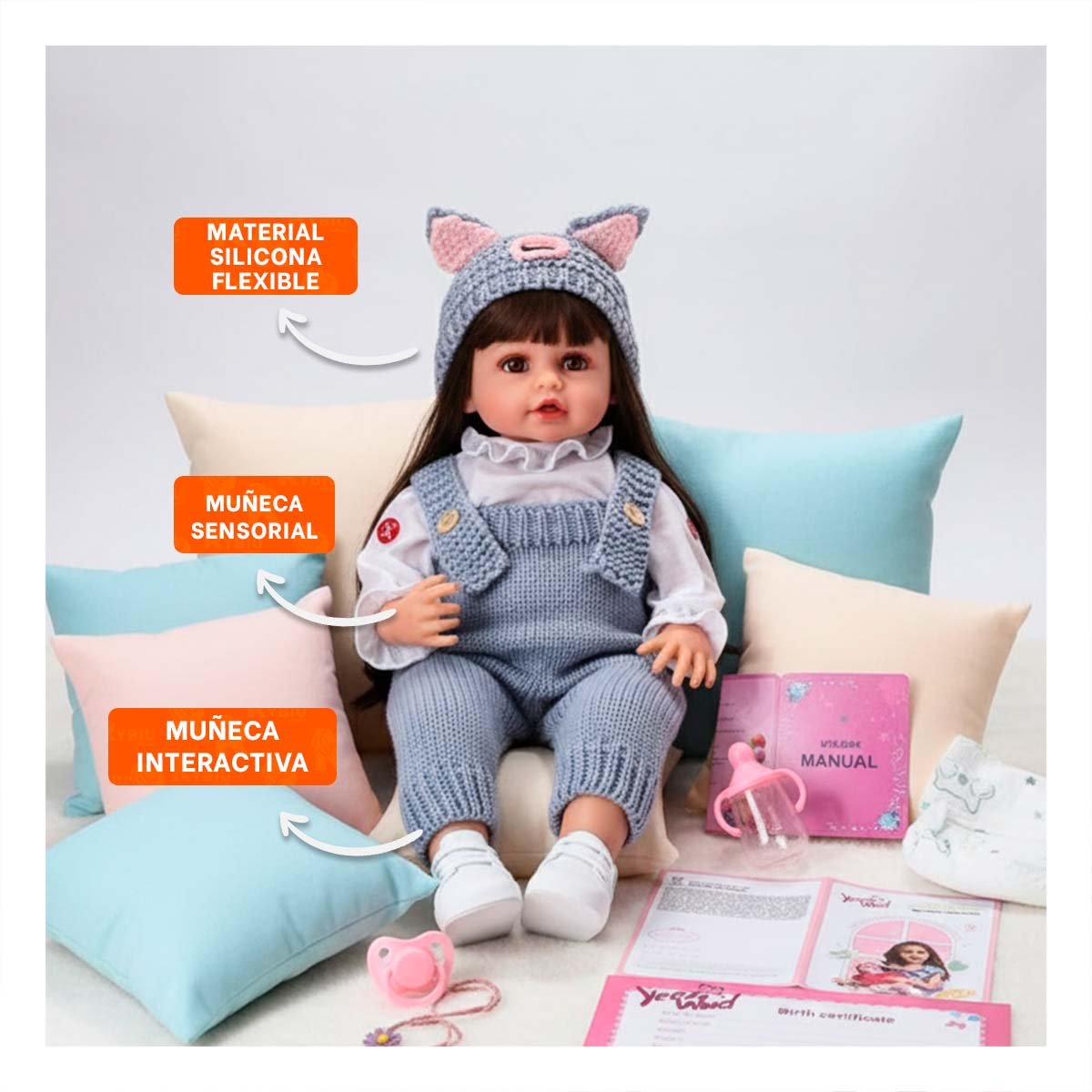 TIERNA YESSY INFANTIL 55CM CELESTE CON OVEROL TEJIDO Y GORRO ADORABLE Y+POST IT - 2