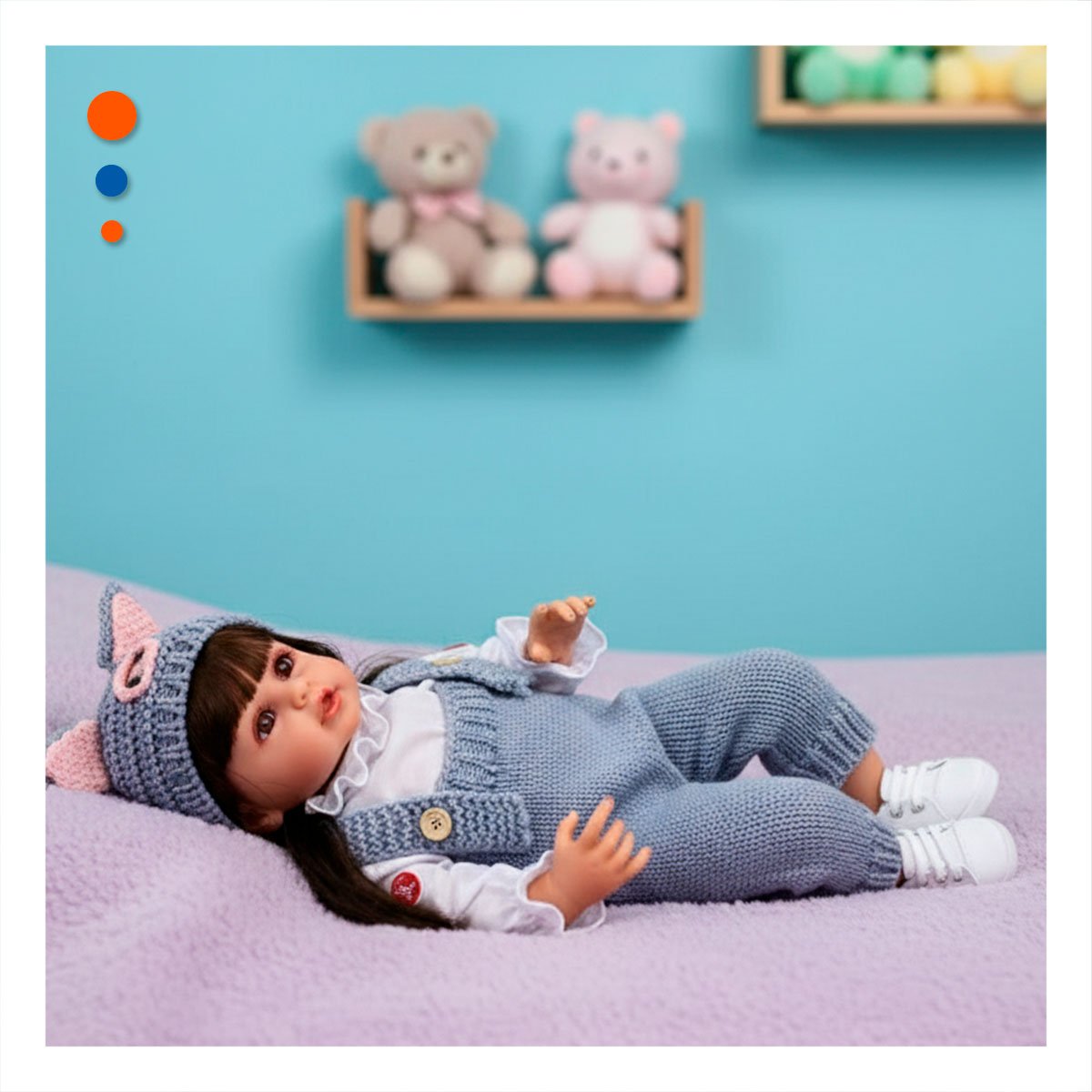 TIERNA YESSY INFANTIL 55CM CELESTE CON OVEROL TEJIDO Y GORRO ADORABLE Y+POST IT - 3