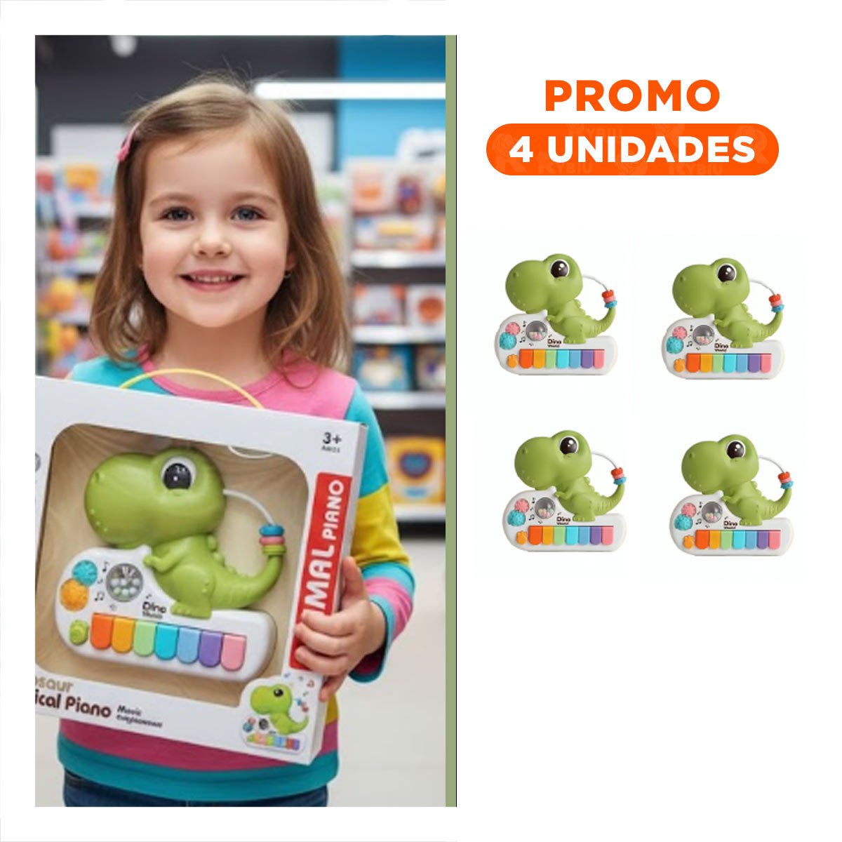 PACK4 SINTETIZADOR INFANTIL DE TECLAS MUSICALES DINOSAURIO VERDE 17.5 CM Y+REGALO STICKER - 1