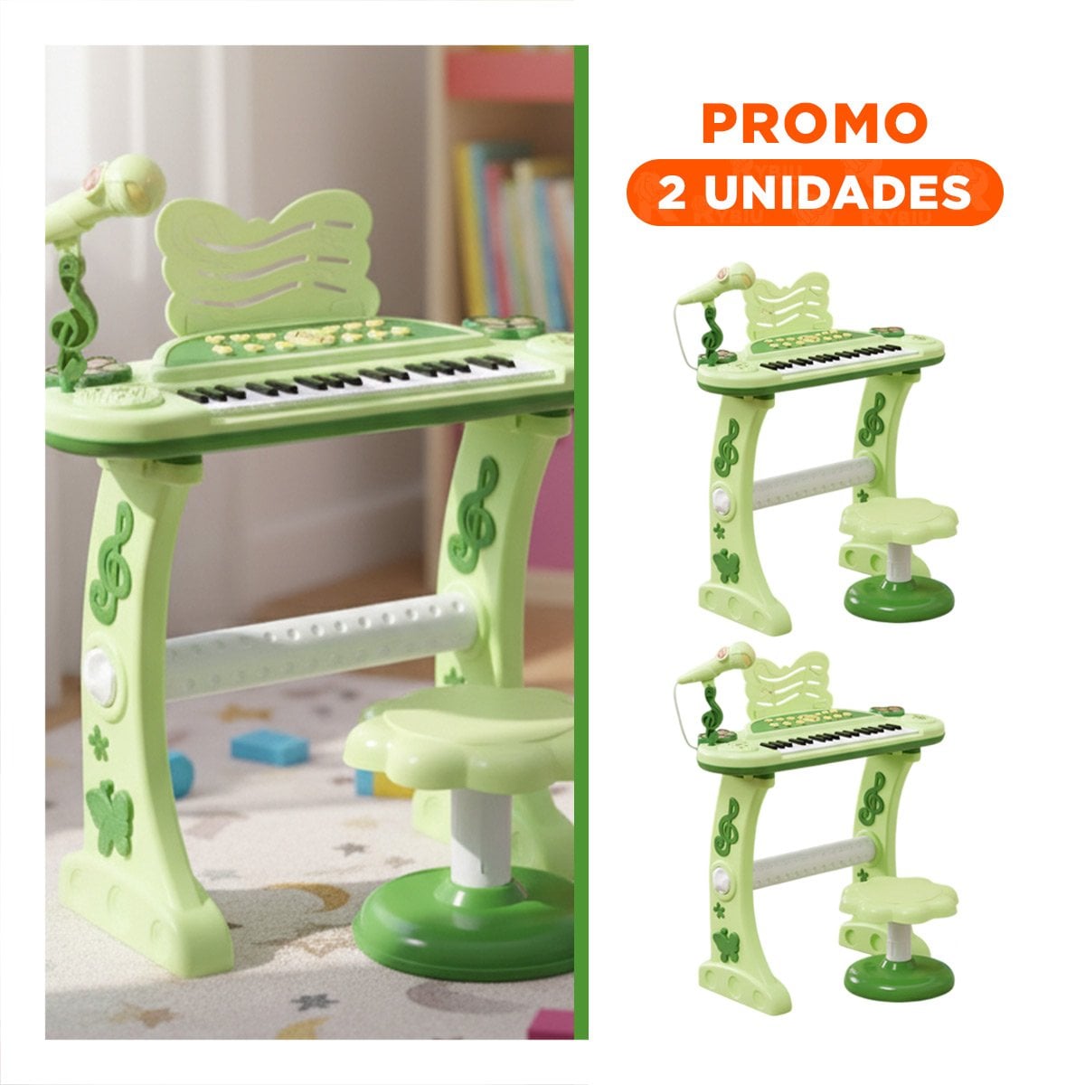 PACK2 INSTRUMENTO MUSICAL PARA NINOS CON MICROFONO Y SILLA VERDE PARA CANTAR - 1