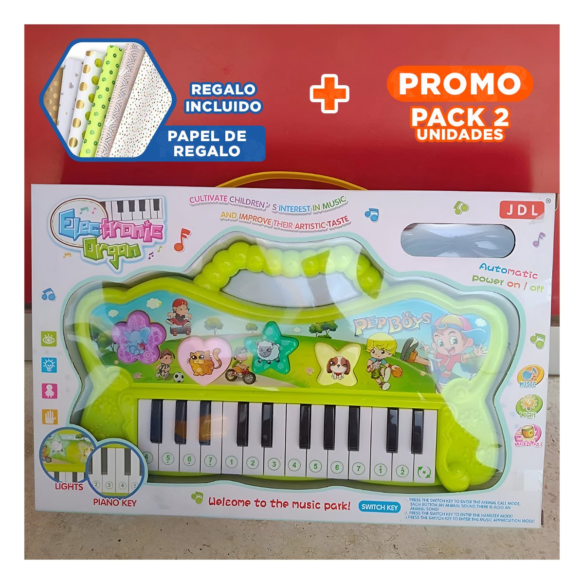 PACK2 TECLADO VERDE MUSICAL CON SONIDOS Y TECLAS PARA DIVERSION Y+PAPEL REGALO - 1